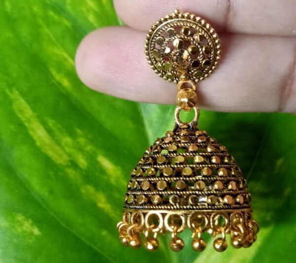 Classic Antique Gold Jhumka Earrings - Image 3