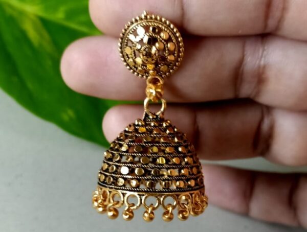 Classic Antique Gold Jhumka Earrings - Image 2