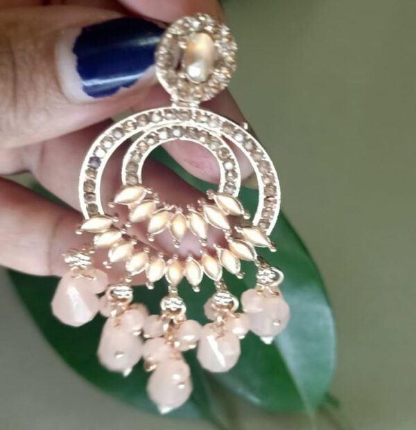 Elegant Chandbali Earrings with Pink Beads - Image 3