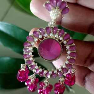 Royal Pink Chandbali Earrings with Magenta Beads