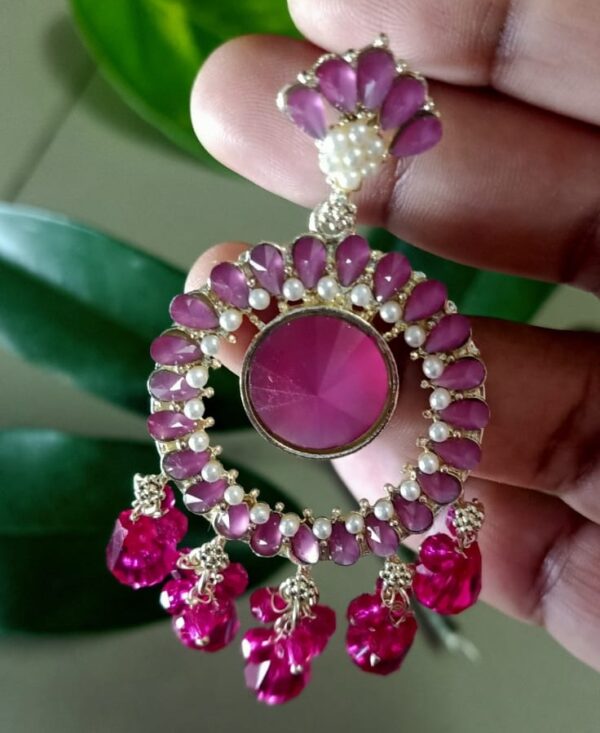 Royal Pink Chandbali Earrings with Magenta Beads