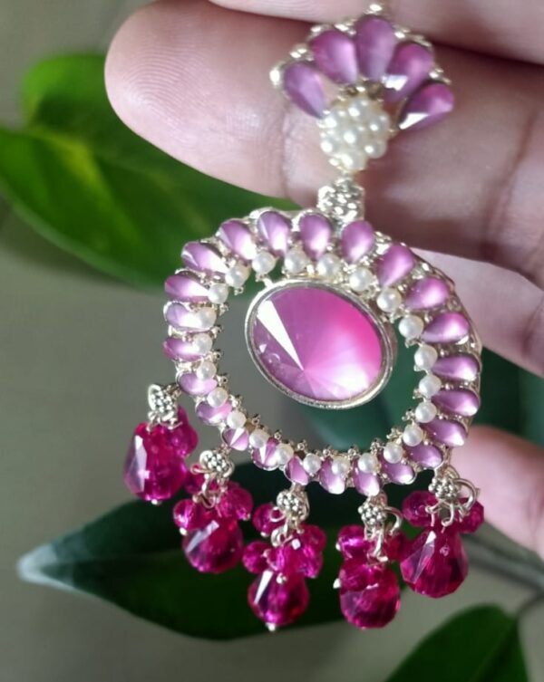 Royal Pink Chandbali Earrings with Magenta Beads - Image 3